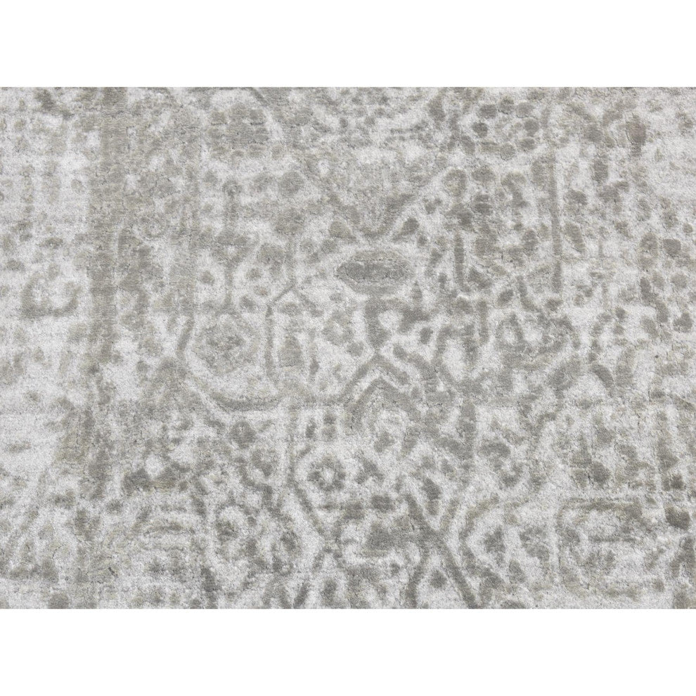 Gray, Abstract Design Wool and Pure Silk Hand Knotted Runner Rug, 2'7"x8'