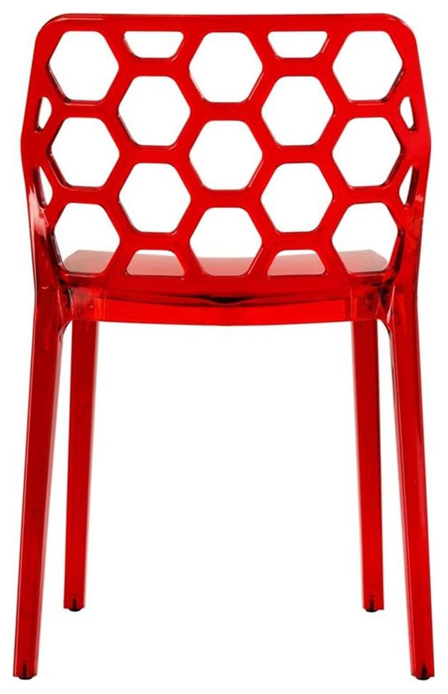 LeisureMod Dynamic Plastic Dining Side Chair Honeycomb Design in Red Set of 4