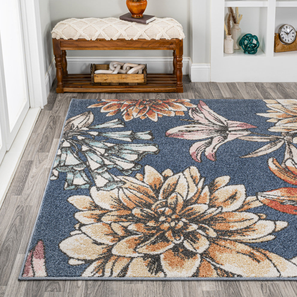 Giglio Modern Botanical Flower Area Rug, Blue/Orange/Cream, 3 X 5