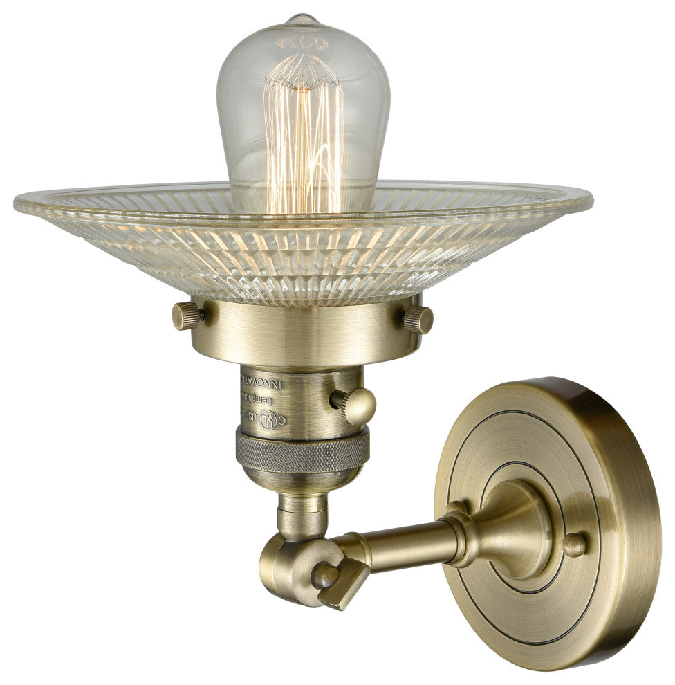 1-Light Halophane 10" Sconce, Antique Brass, Clear Halophane Shade