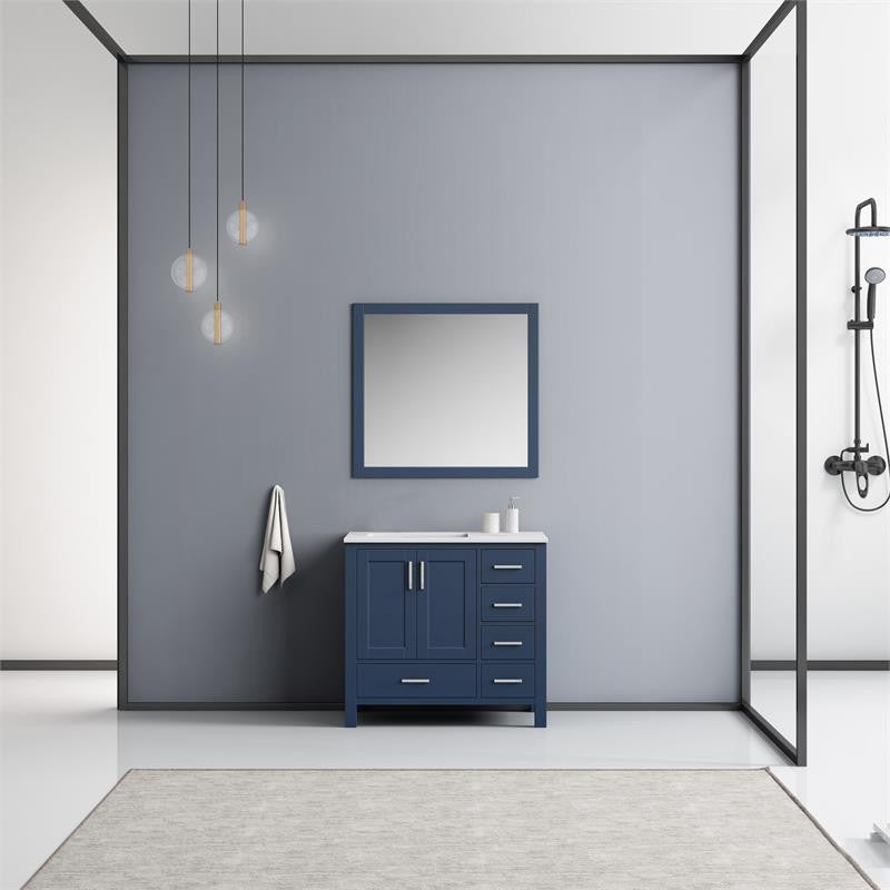 Lexora Home Jacques 36" Carrara Marble Top Single Vanity in Navy Blue