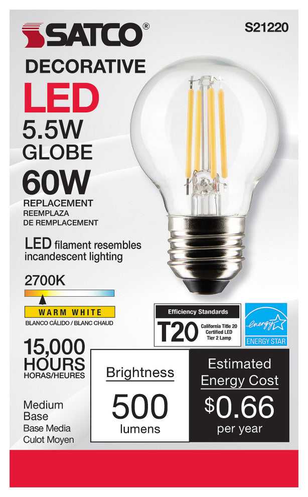 5.5W G16.5 LED, Clear, Medium Base, 90 CRI, 2700K, 120V