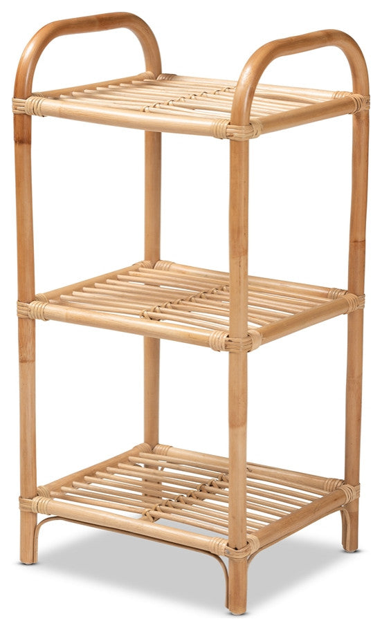 Modern Bohemian Natural Brown Finished Rattan 3-Tier Display Shelf
