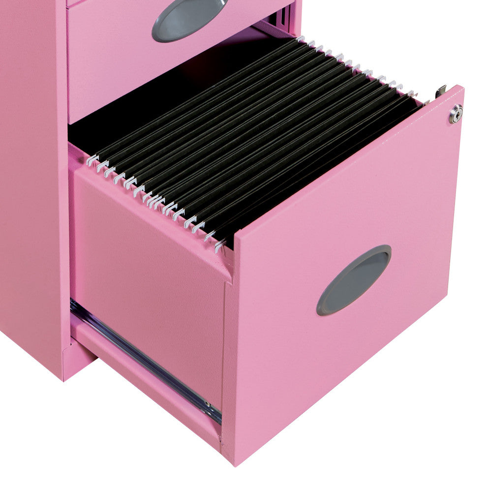 3 Drawer Locking Metal File Cabinet With Top Shelf, Pink