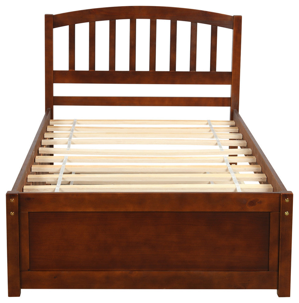 TATEUS Twin Platform Bed With Trundle, Wood Bed Frame With Headboard, Walnut