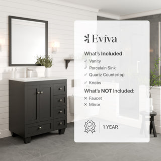 Eviva Happy 30"Wx18"D Bathroom Vanity, White Carrara Quartz Countertop
