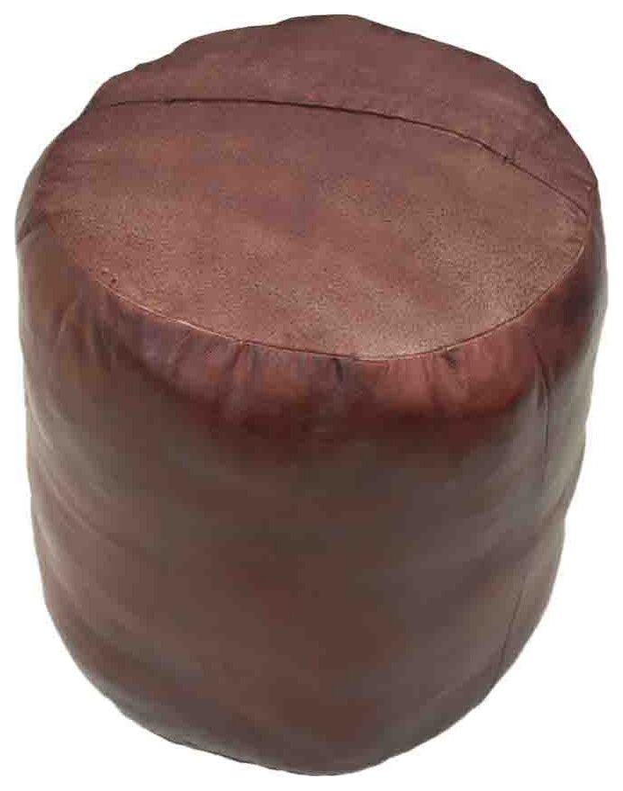 Pouf-Solid Handmade Leather Pouf (Recycled Foam with Fiber Fill), Cherry, [Round]16x16x16