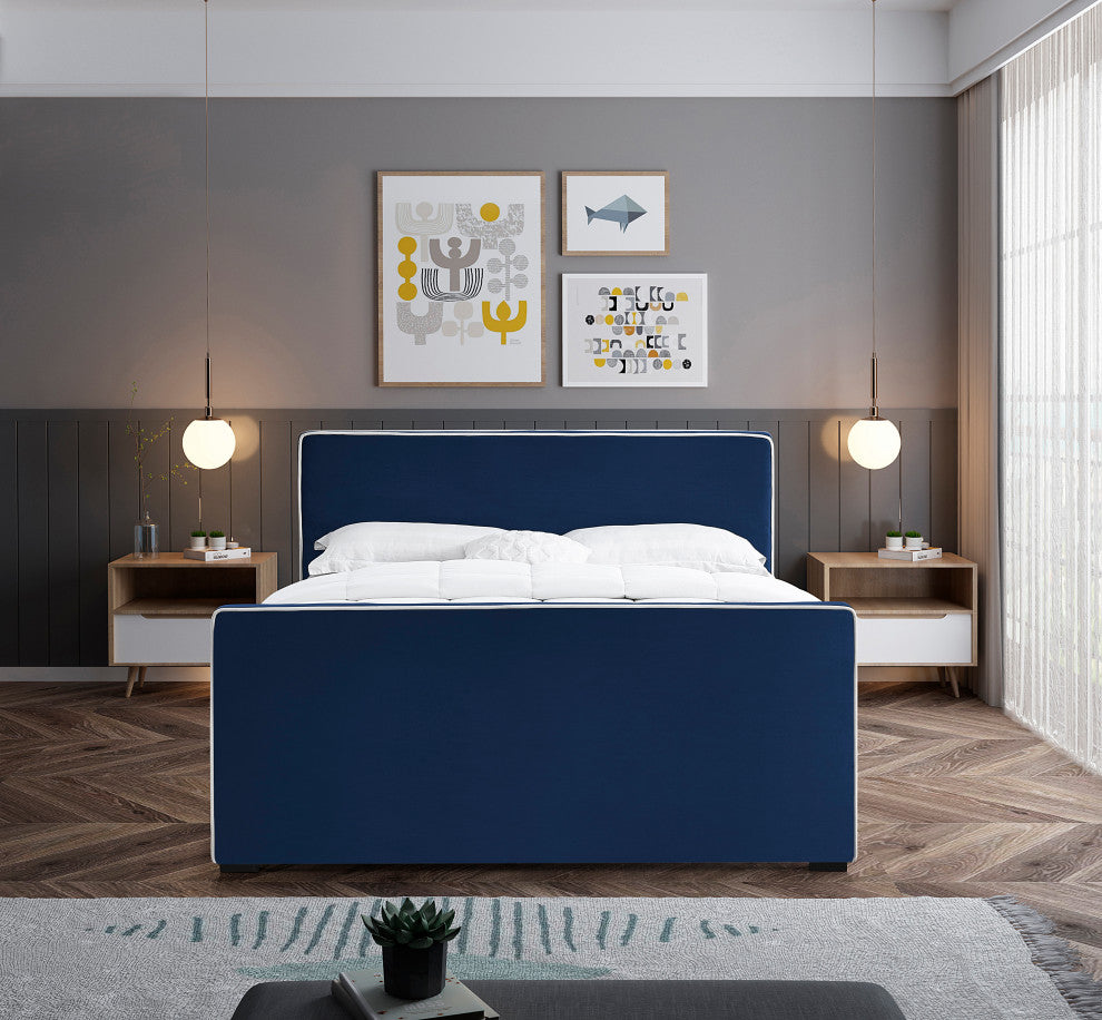 Dillard Velvet Upholstered Bed, Navy, Full