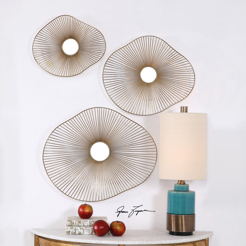Modern Mirrored Gold Wall Sculpture Set 3 | Flower Sunburst Organic Shape Open