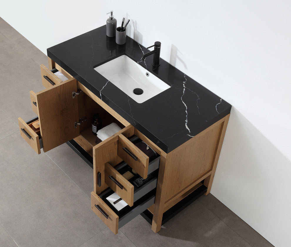 WINCHESTER Freestanding Modern Bathroom Vanity, Pecan Oak, 48", Black Countertop