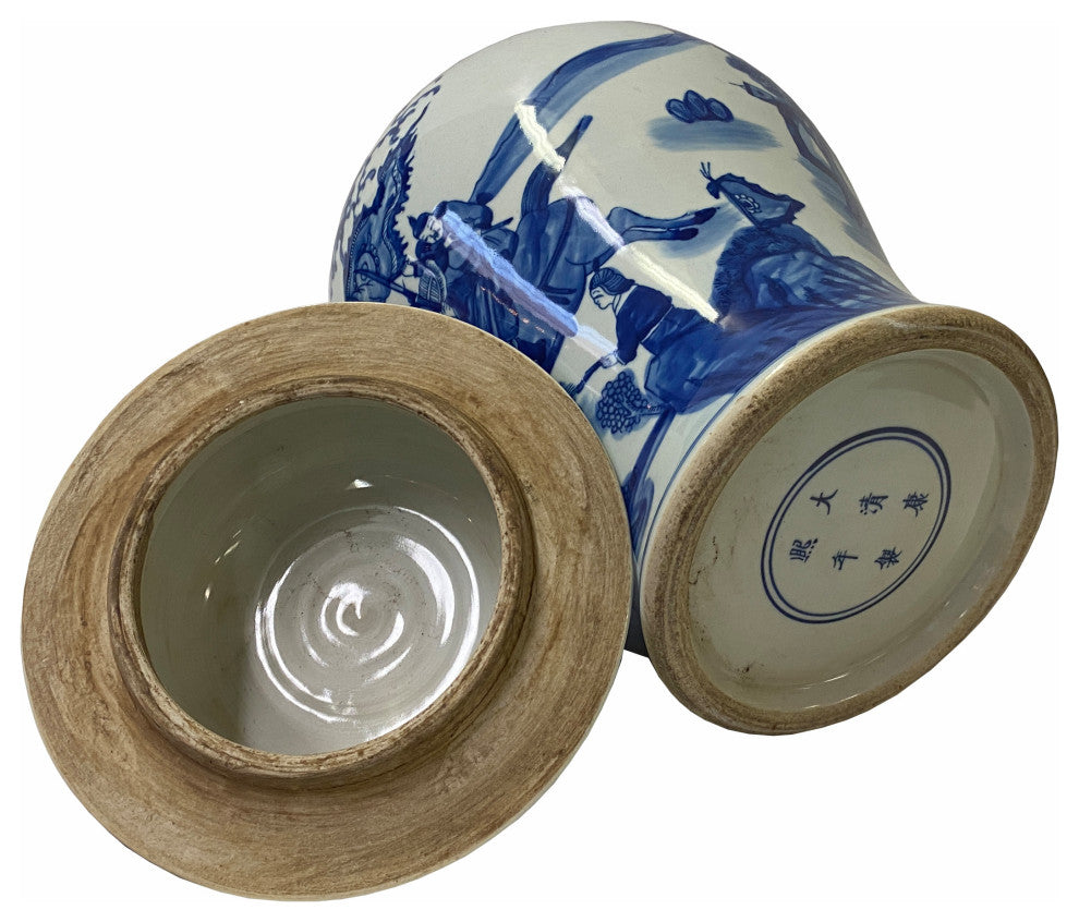 Chinese Blue White Porcelain People Scenery Graphic Temple Jar Hws1786