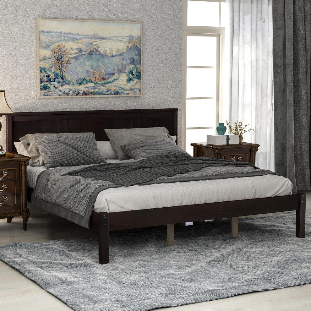 Gewnee Platform Bed Frame with Headboard , Wood Slat Support in Espresso