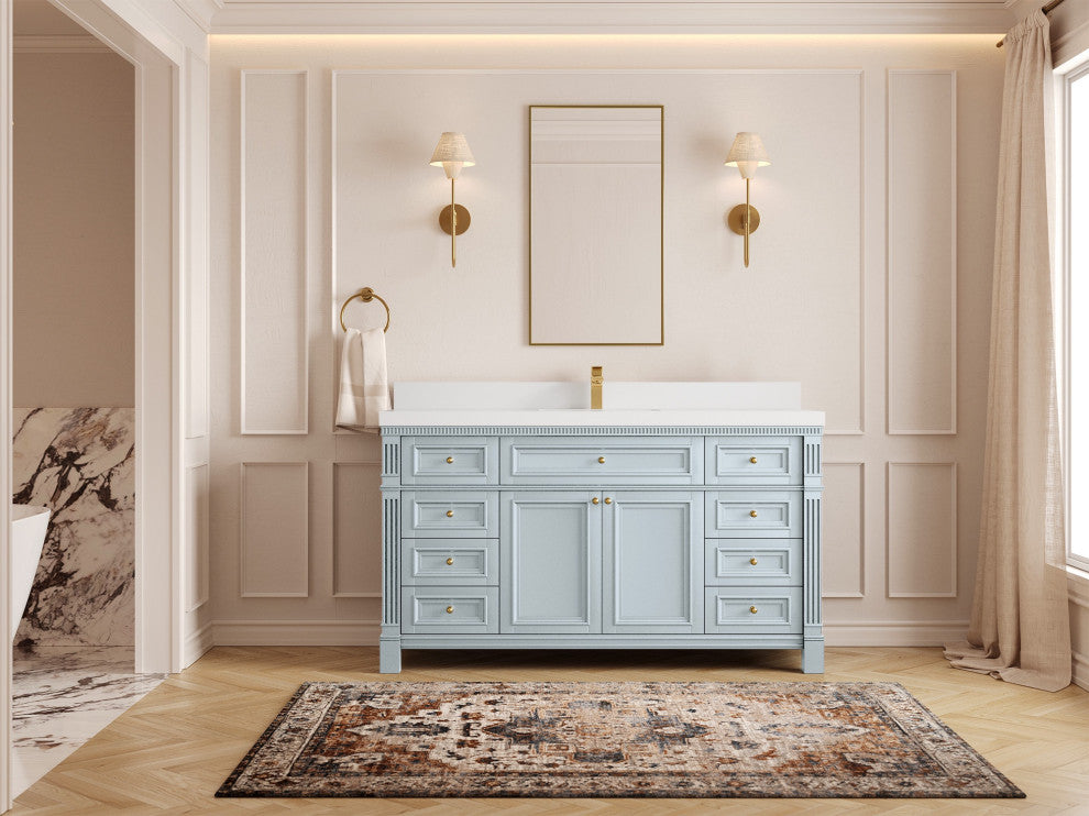 Paris 60" Single Sink Bathroom Vanity, Blue Heather 2" White Quartz
