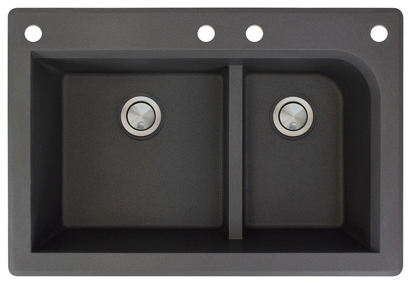 Radius 33" silQ Granite Drop-in Double Bowl Kitchen Sink with 4 Holes in Black