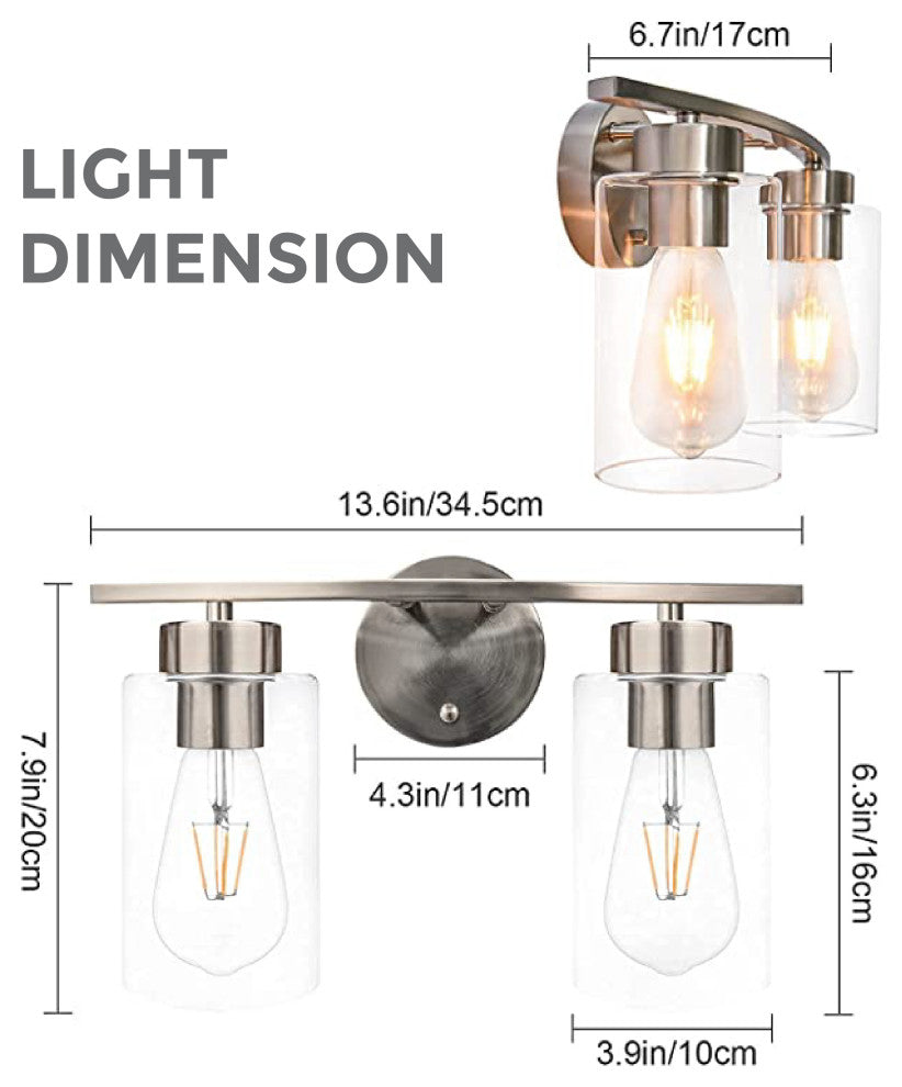 2-Light brushed light Glass bathroom light fixture  Brush Nickel light fixture