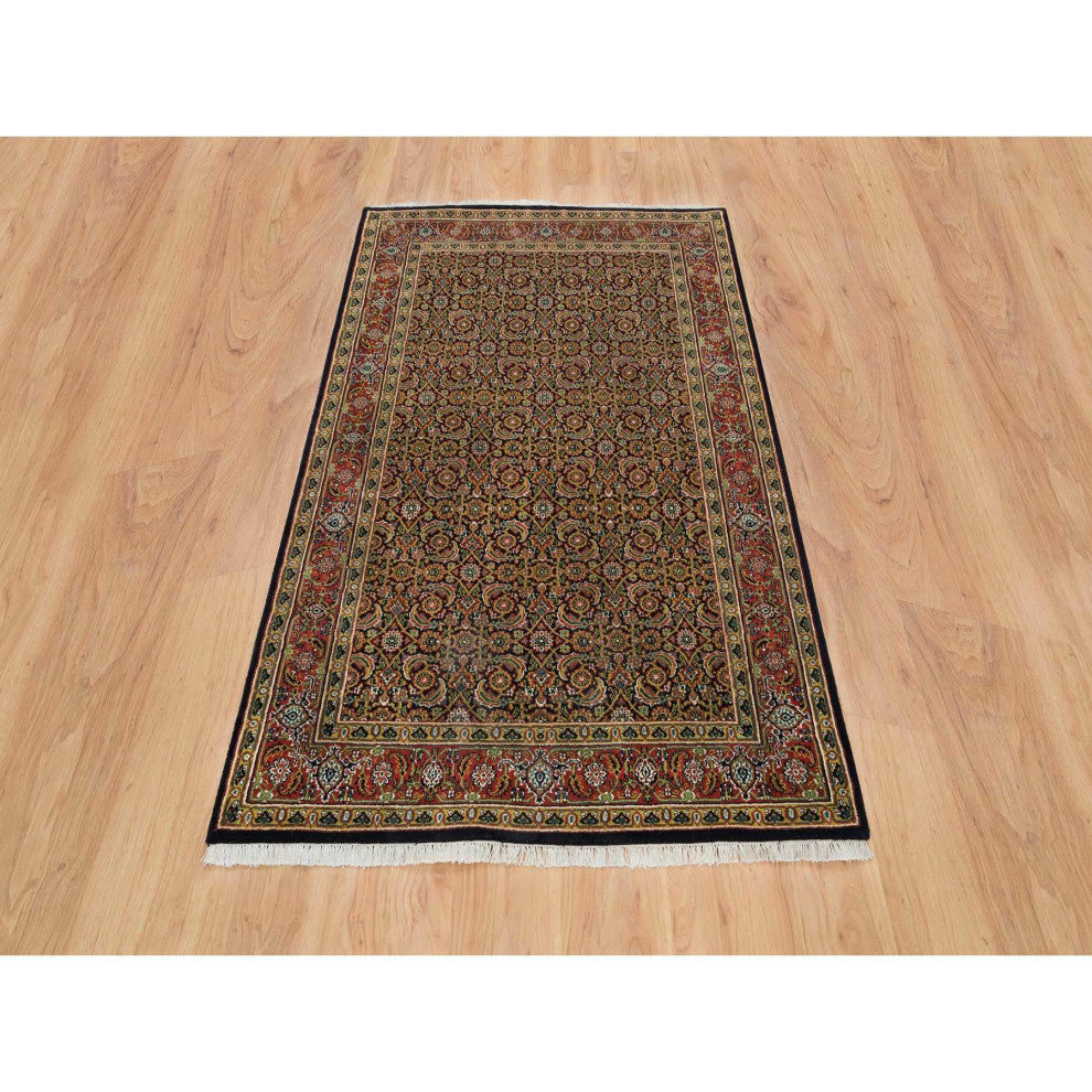 Grease Black Herrita Design 250 KPSI Wool Hand Knotted Oriental Rug, 4'1"x6'3"