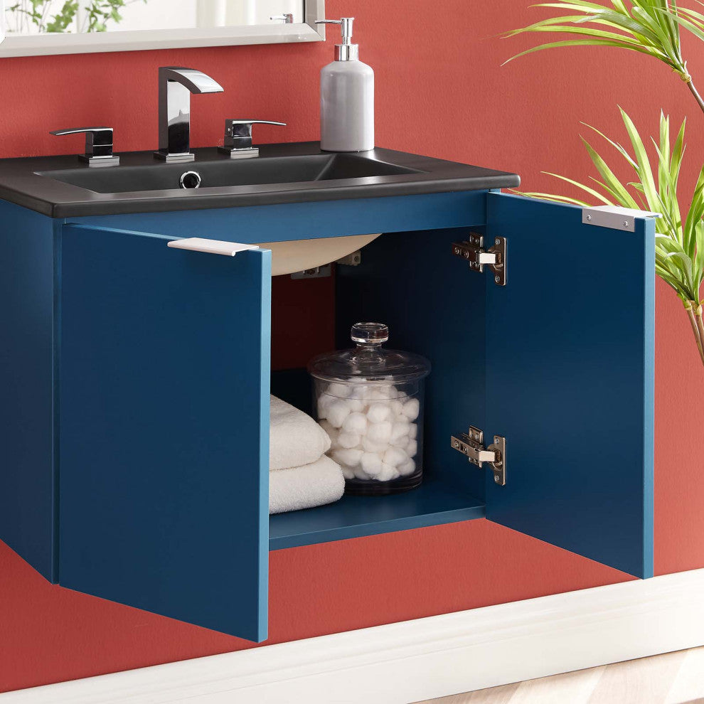 Sink Vanity Cabinet, Wall Mounted, Melamine, Blue Navy Black, Modern, Bathroom