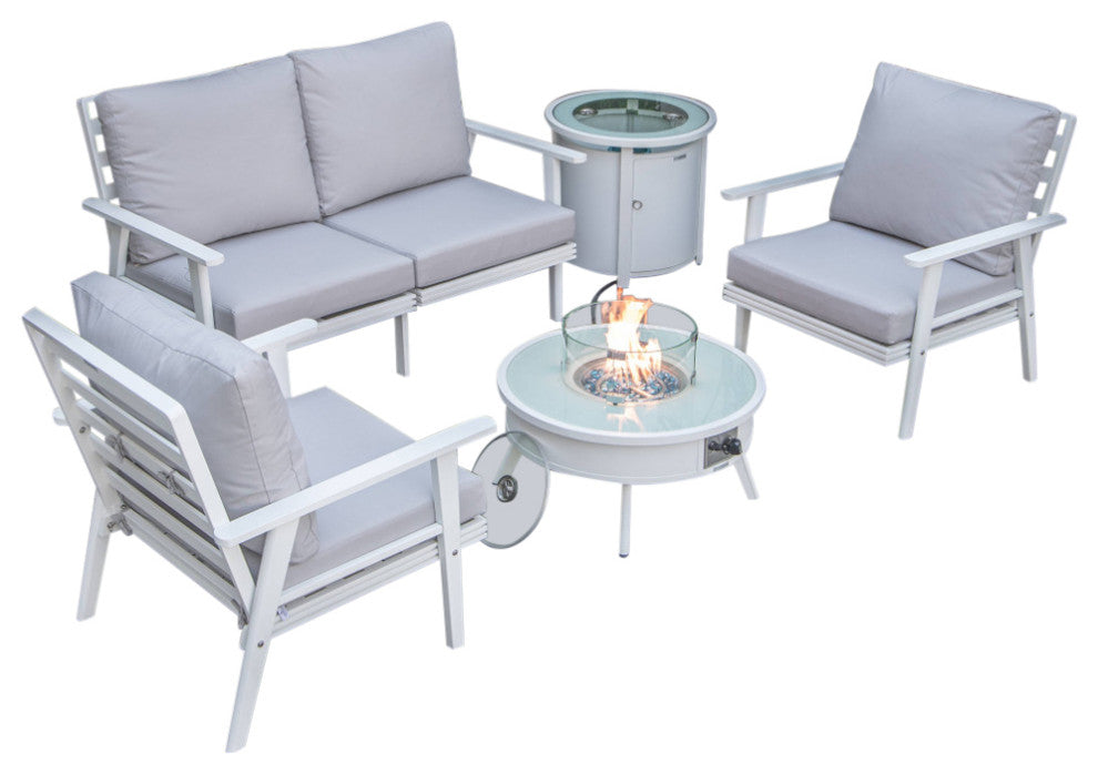 LeisureMod Walbrooke Patio Conversation Set With Fire Pit Table, Light Grey