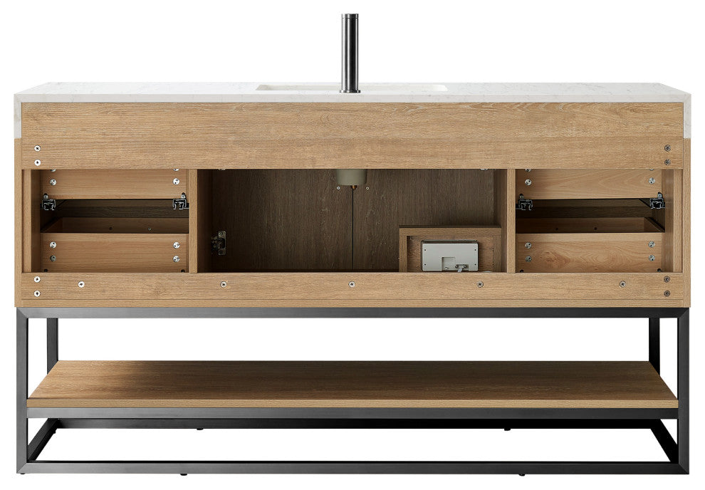 Alistair Vanity, North American Oak, Matte Black Hardware, 60" Single Sink, With Mirror