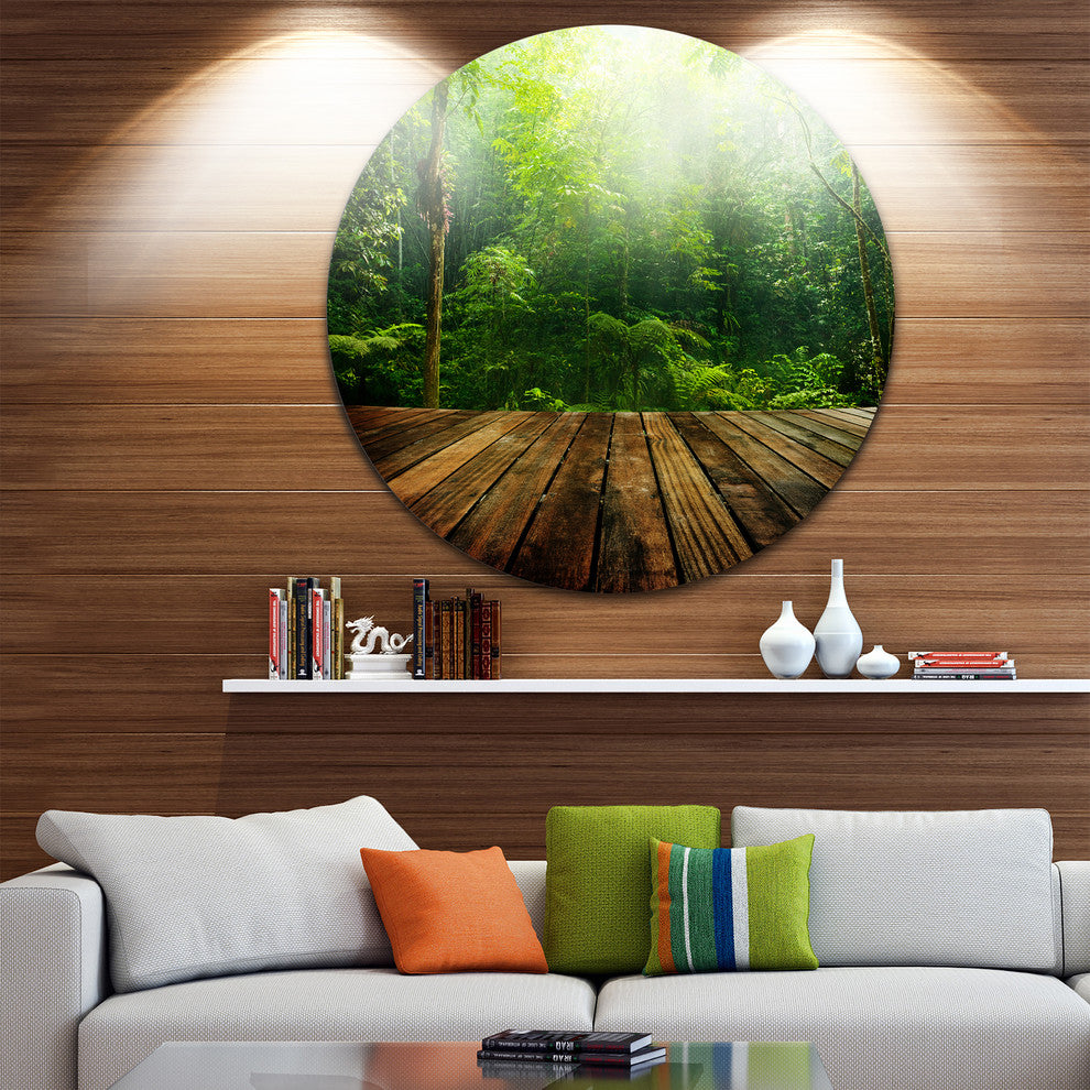 Green Forest With Ray Of Light, Landscape Photo Disc Metal Artwork, 23"