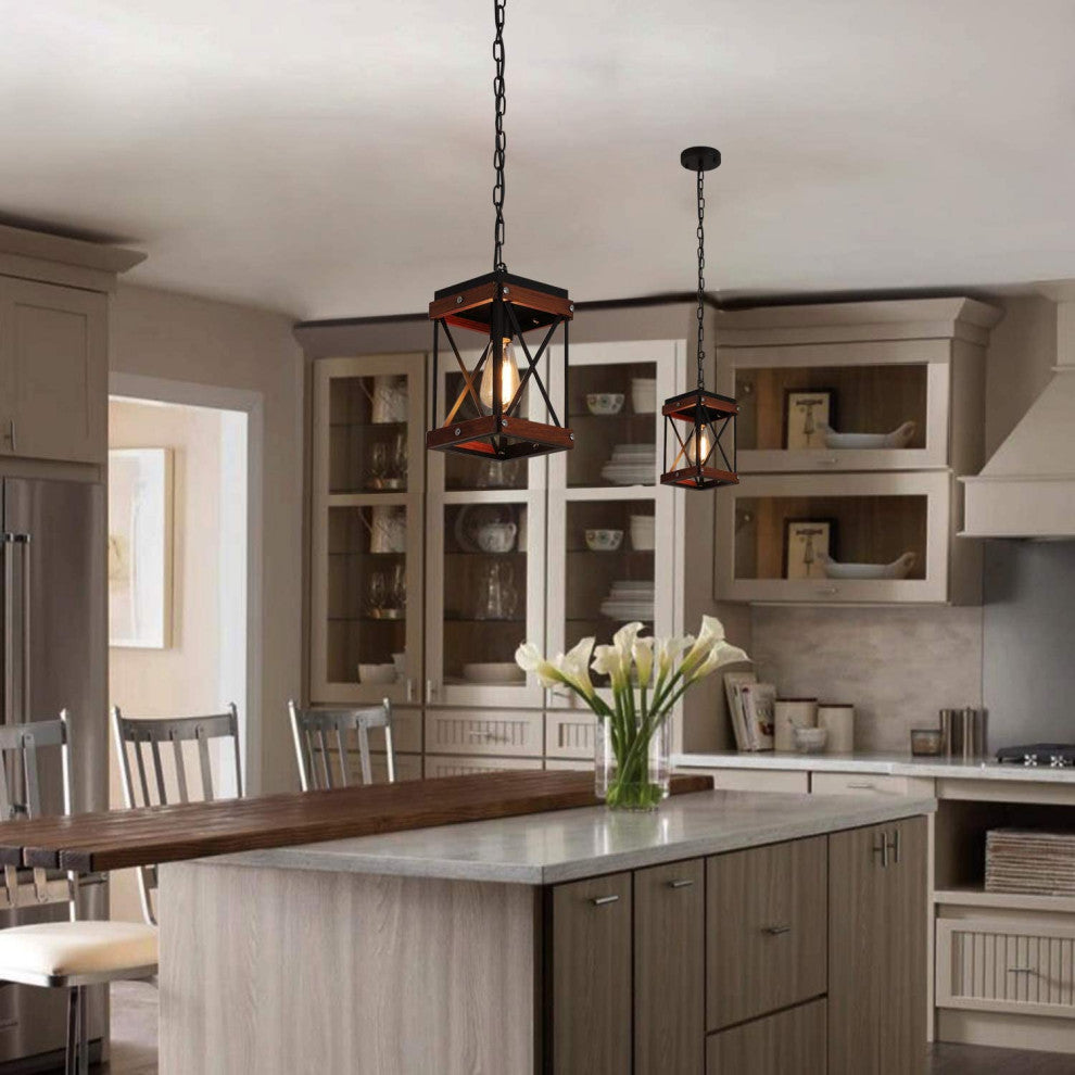 Farmhouse Square Wood Pendant Lighting for Kitchen Island Black Cage