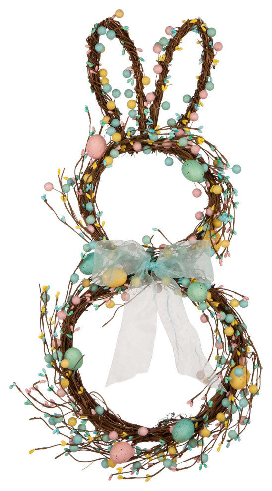 24.5" Easter Bunny Shaped Wreath With Eggs and Satin Ribbon Bow