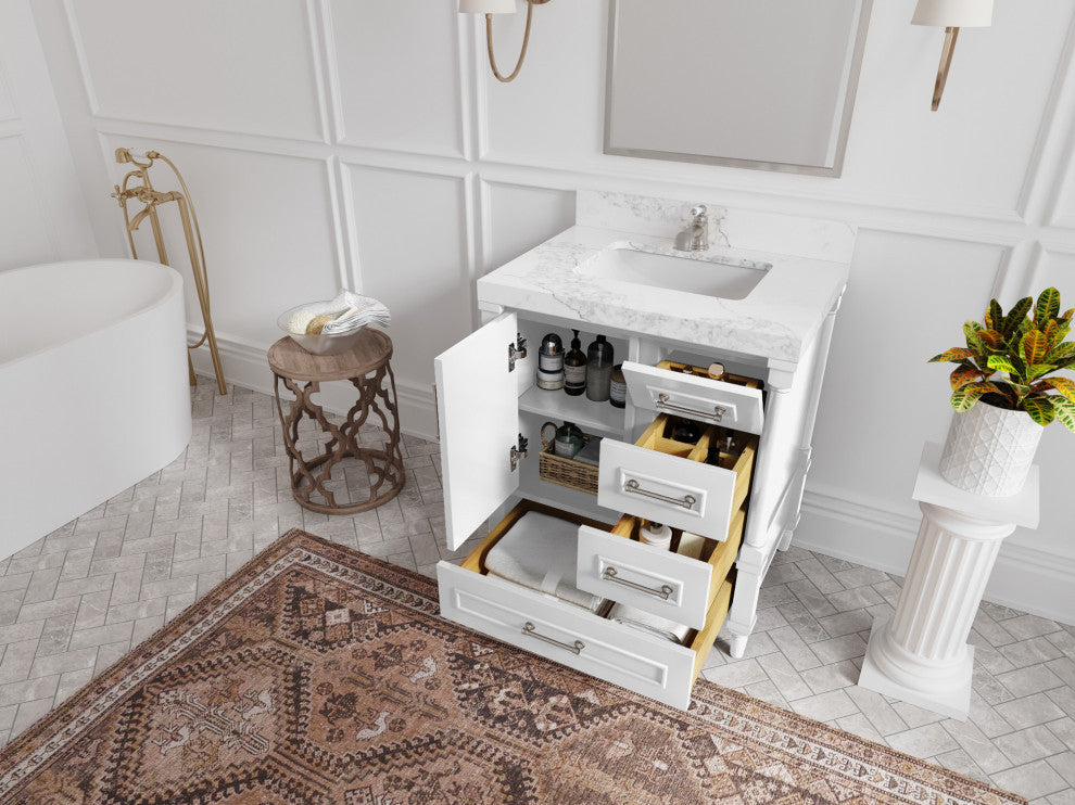 Aberdeen 30 Single Sink Bath Vanity in White 2" Calacatta Nuvo