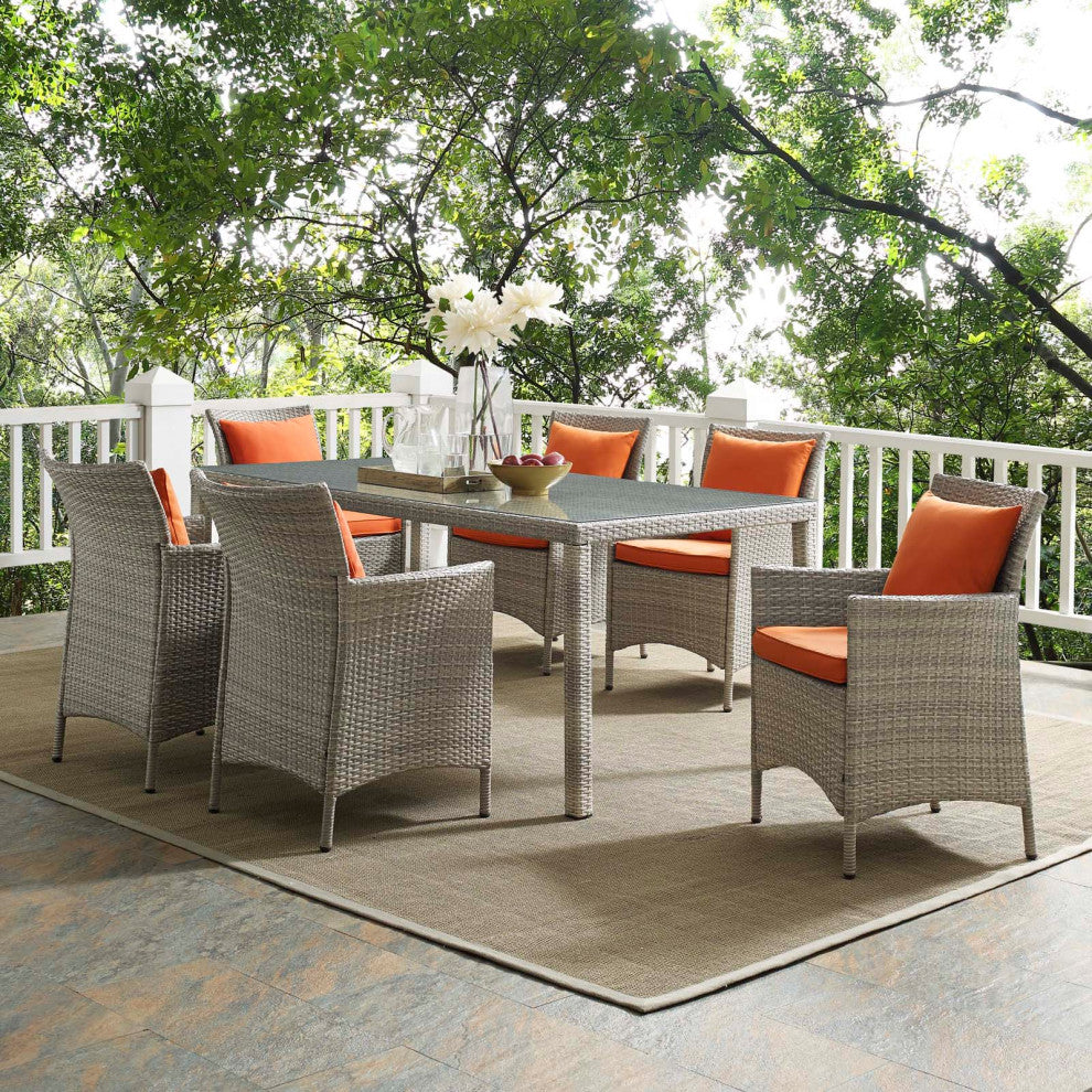 Side Dining Chair and Table Set, Rattan, Wicker, Gray Orange, Outdoor