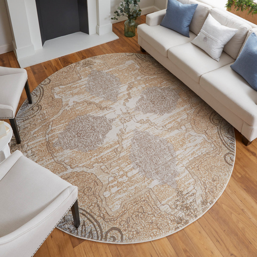 Neoma Traditional Medallion, Silver/Tan/Gray, 7'9"x7'9" Round Rug