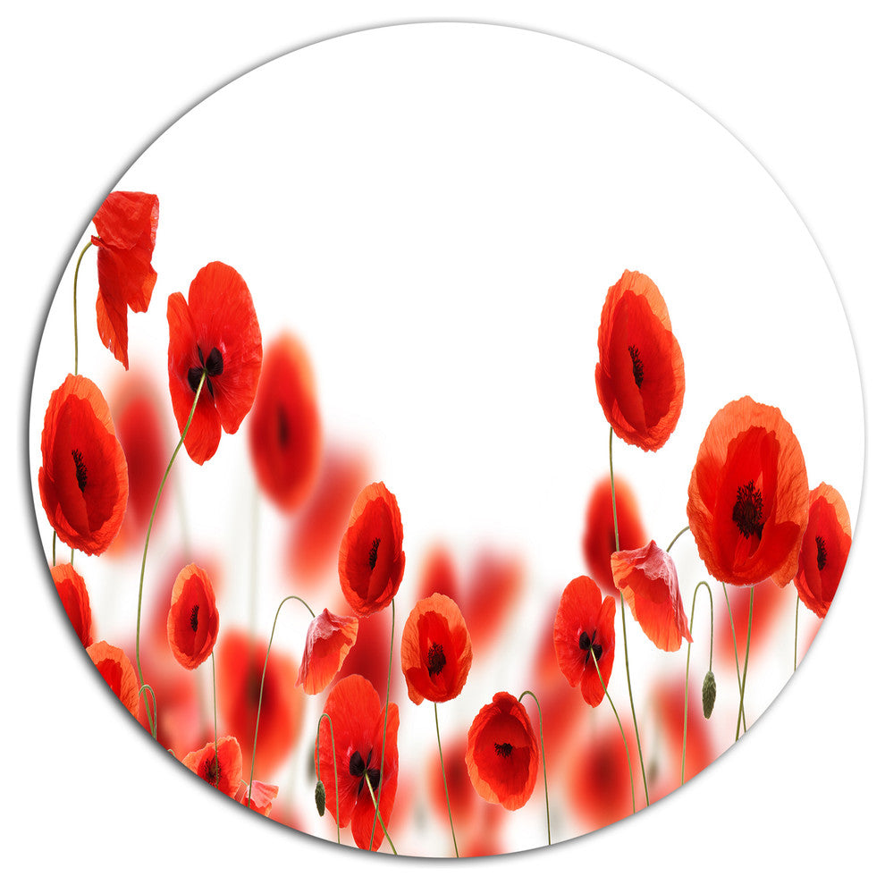 Lovely Poppy Flowers On White, Modern Floral Round Metal Wall Art, 23"