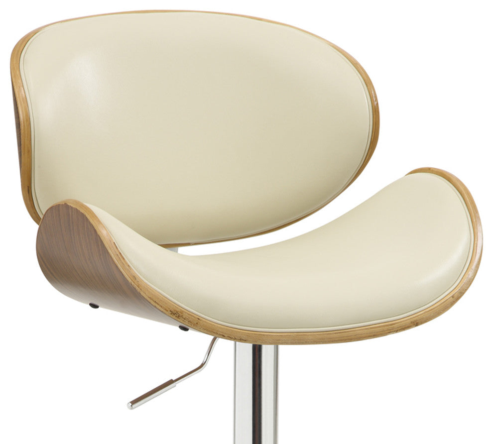 Donadio Swivel Barstool, Chrome With Cream Faux Leather & Walnut Veneer Back