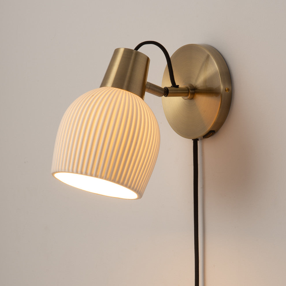 Petaluma Bone Porcelain Wall Sconce, Weathered Brass, Dimmer Switch, Portable