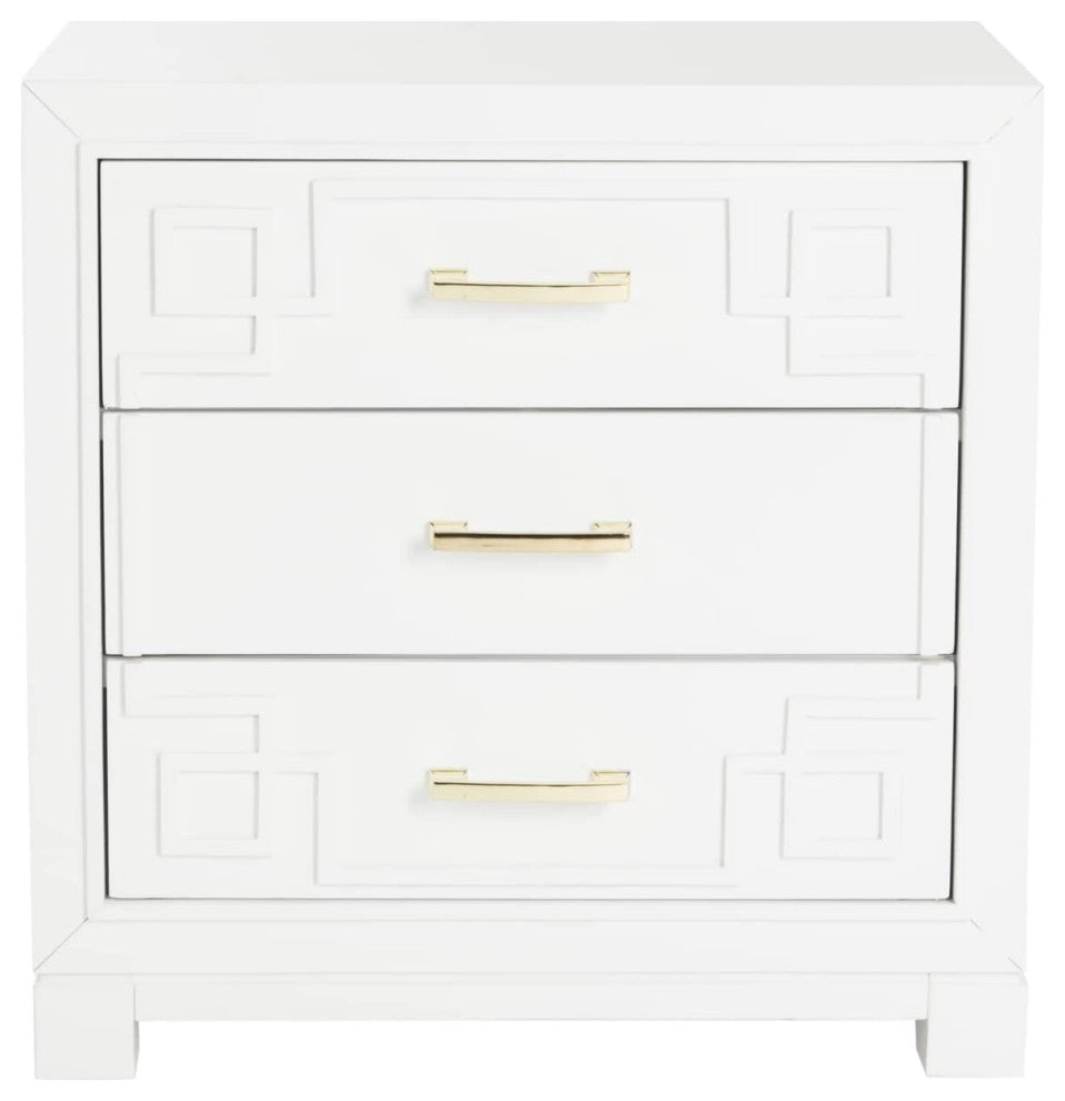 Contemporary White 3-Drawer Greek Key Nightstand