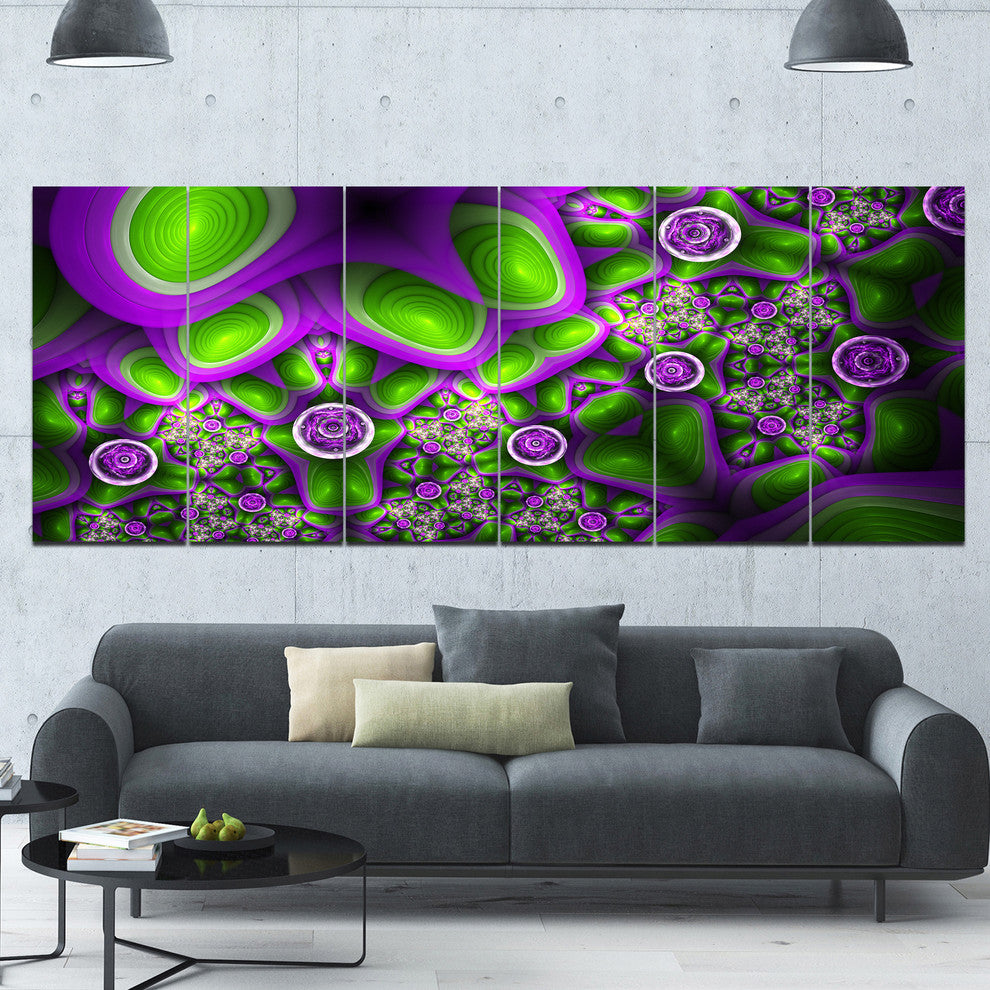 Green Purple Exotic Pattern, Abstract Wall Art Canvas, 70"x28", 6 Panels