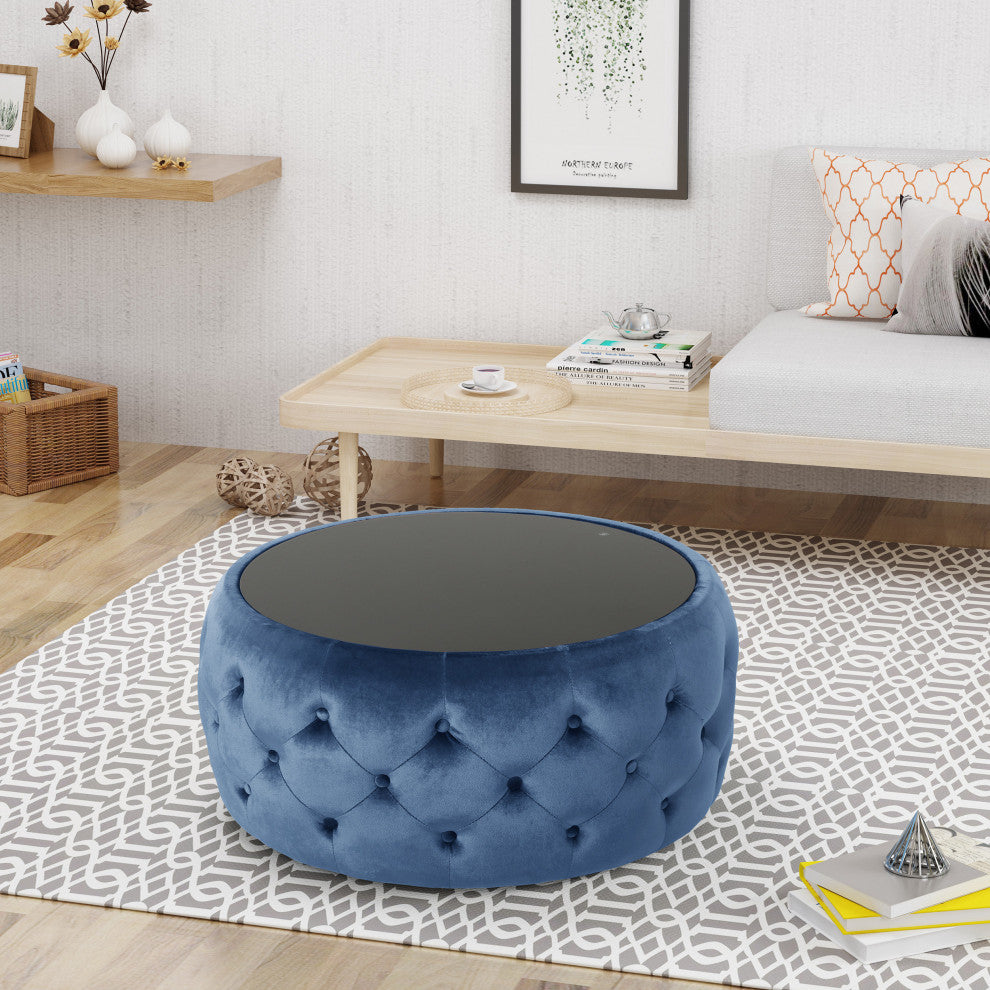 GDF Studio Ivy Glam Velvet and Tempered Glass Coffee Table Ottoman, Cobalt/Black