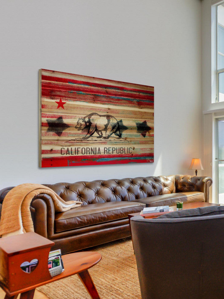 "Cal Repub" Print on Natural Pine Wood, 36"x24"