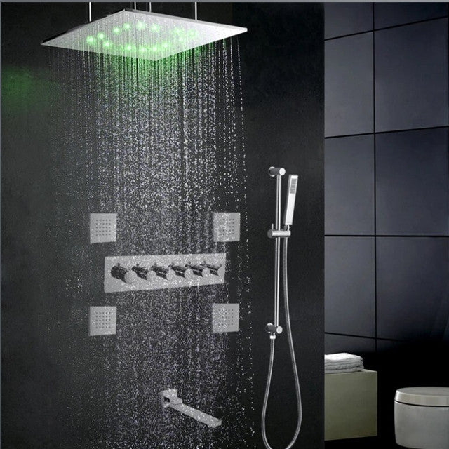Mount Rainfall Shower System With Hand Shower and Jetted Body Sprays, With Led