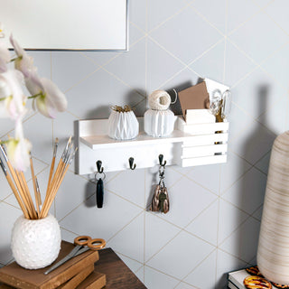 Danya B. Utility Shelf With Pocket and Hanging Hooks, White