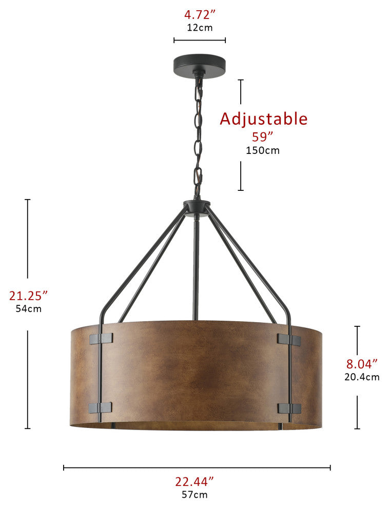 Matte Black 4-Light Metal Pendant Light With Brown Drum Shade