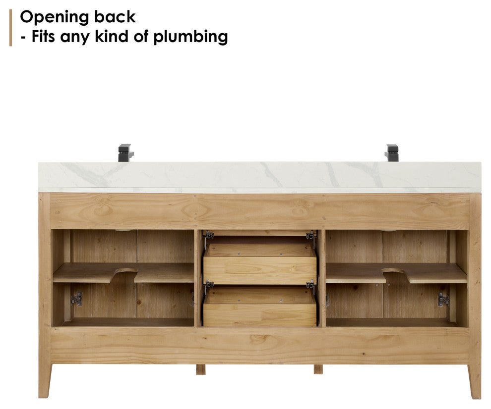 Laurel Bathroom Vanity with Calacatta White Quartz Stone Countertop, Weathered Fir, 72", With Mirror
