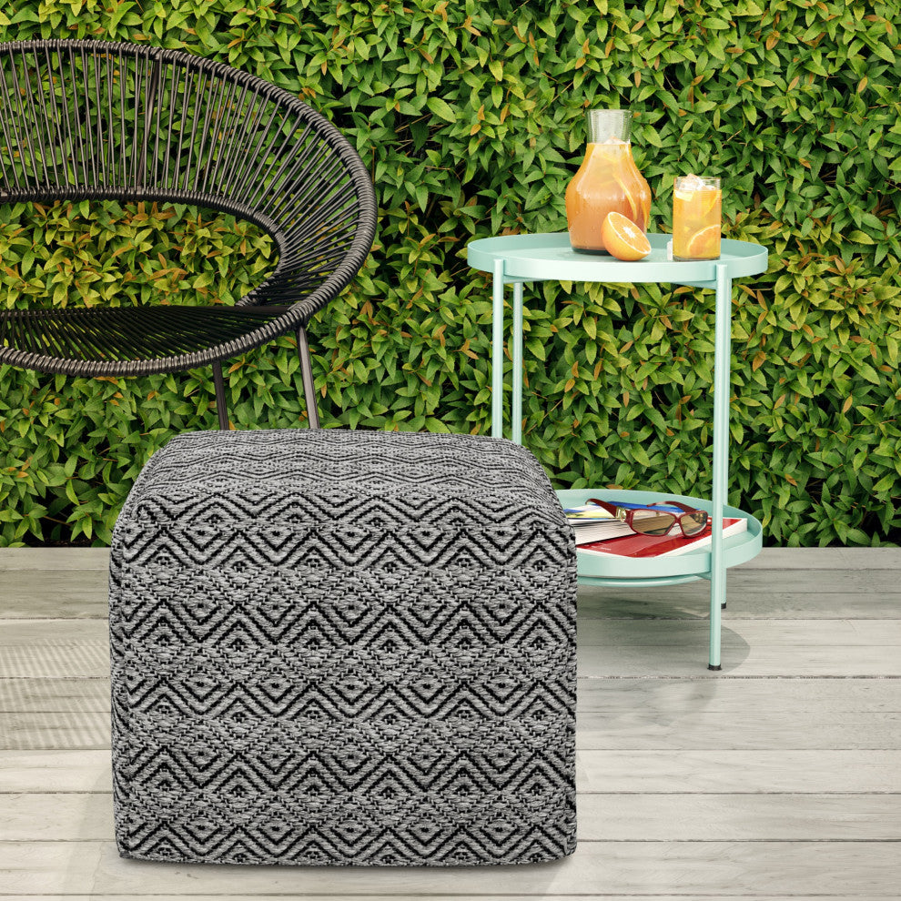 Hendrik Square Woven Pouf, Gray/Black Recycled PET Polyester