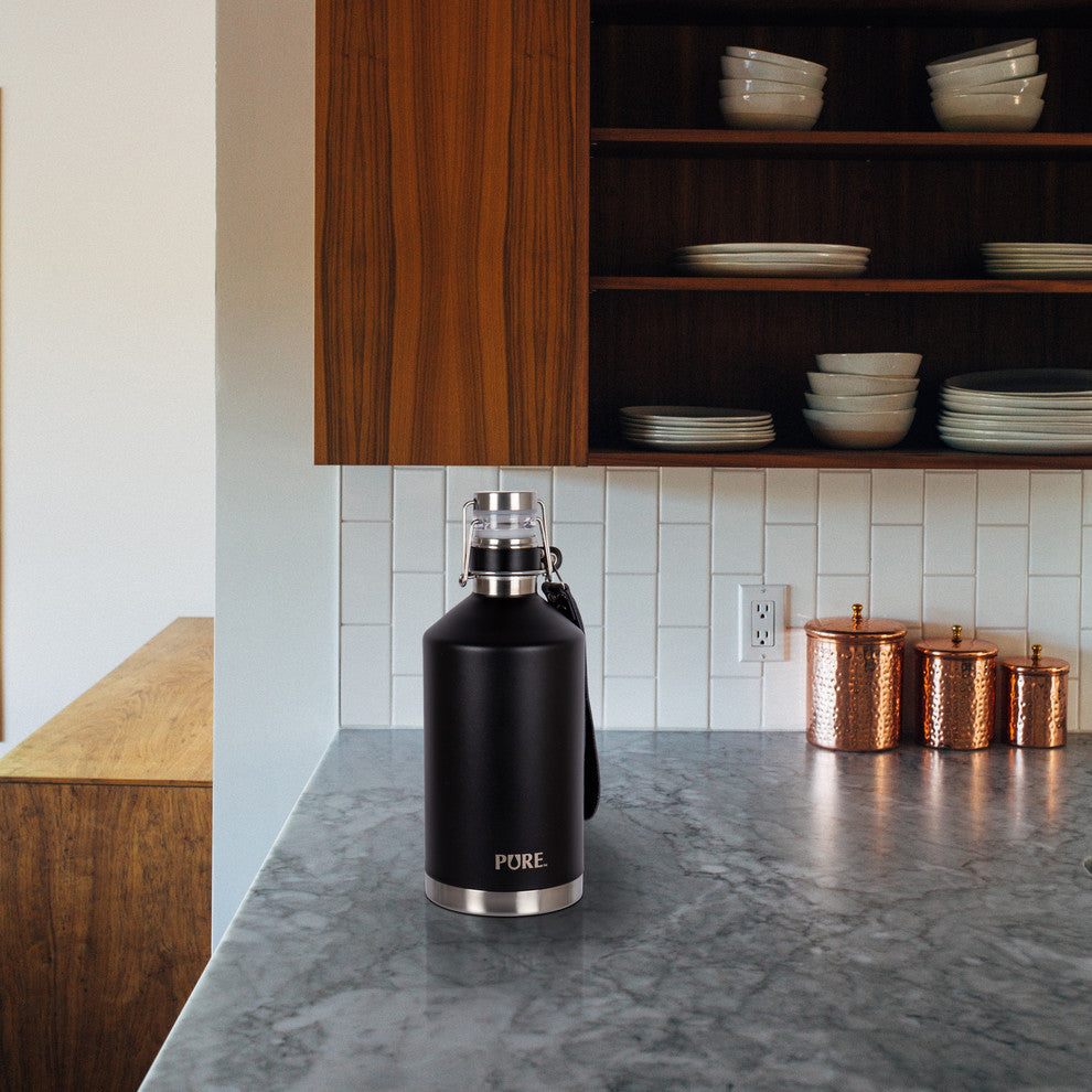 64oz Stainless Steel Beer Growler With Leather Strap, Black