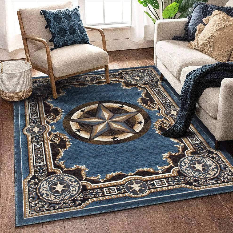 Allstar Western Area Rug Texas Star design, Blue, 5x7
