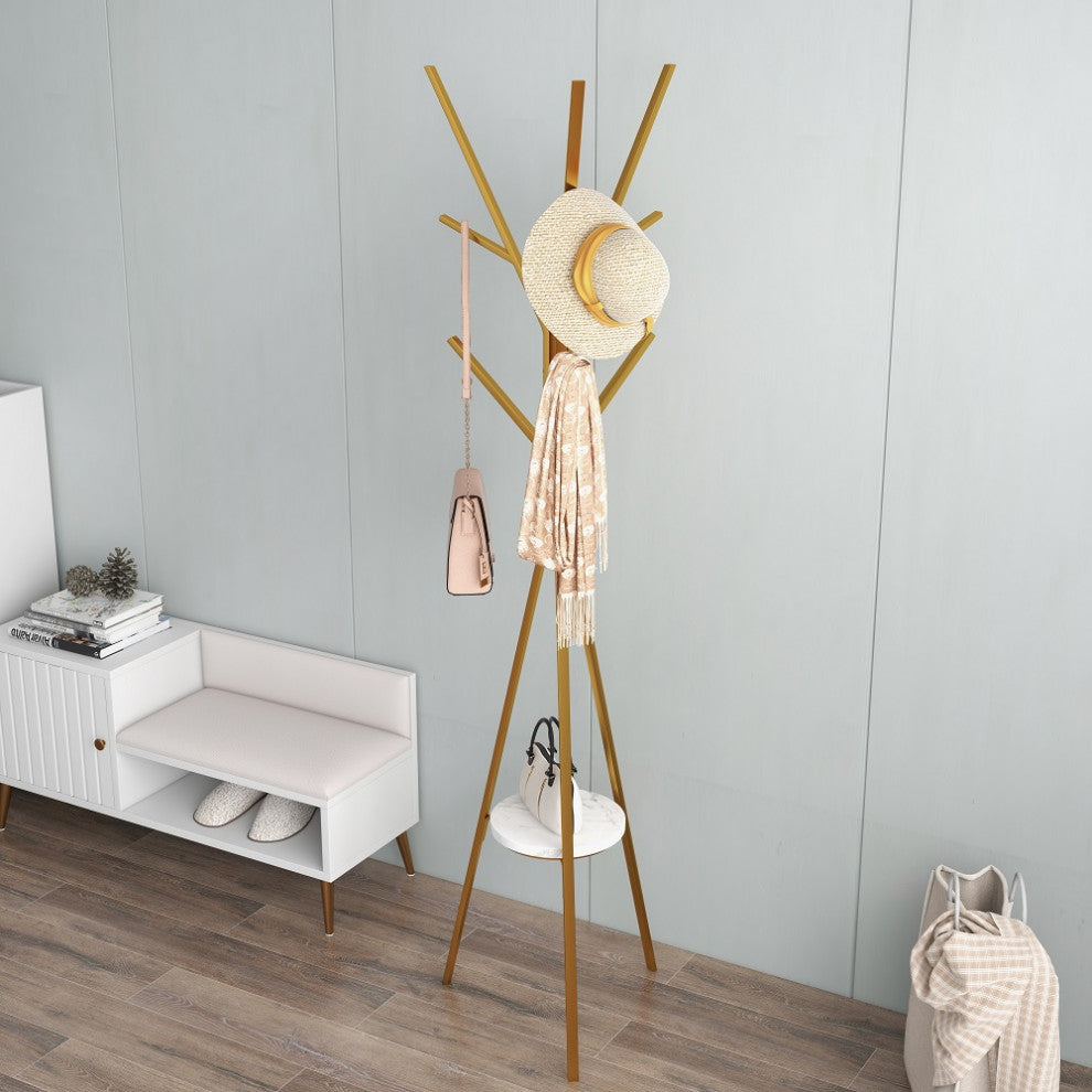 70.9" Modern Freestanding Coat Rack Hanging with Shelf Marble Base, Gold