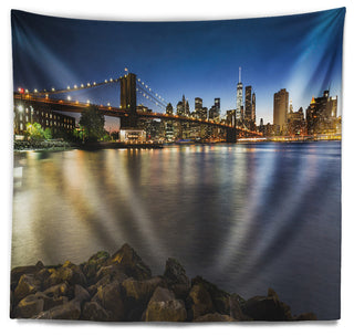 Distant View of Brooklyn Bridge Cityscape Wall Tapestry, 39"x32"