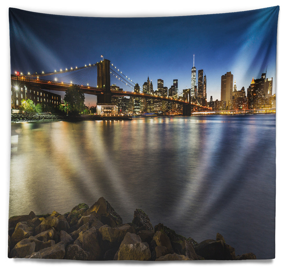 Distant View of Brooklyn Bridge Cityscape Wall Tapestry, 39"x32"