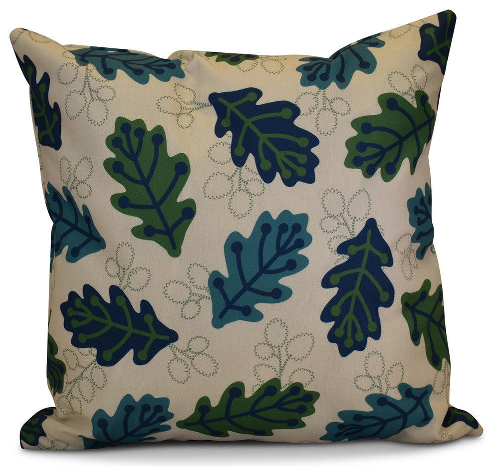 Retro Leaves Floral Print Outdoor Pillow, Blue, 20"x20"