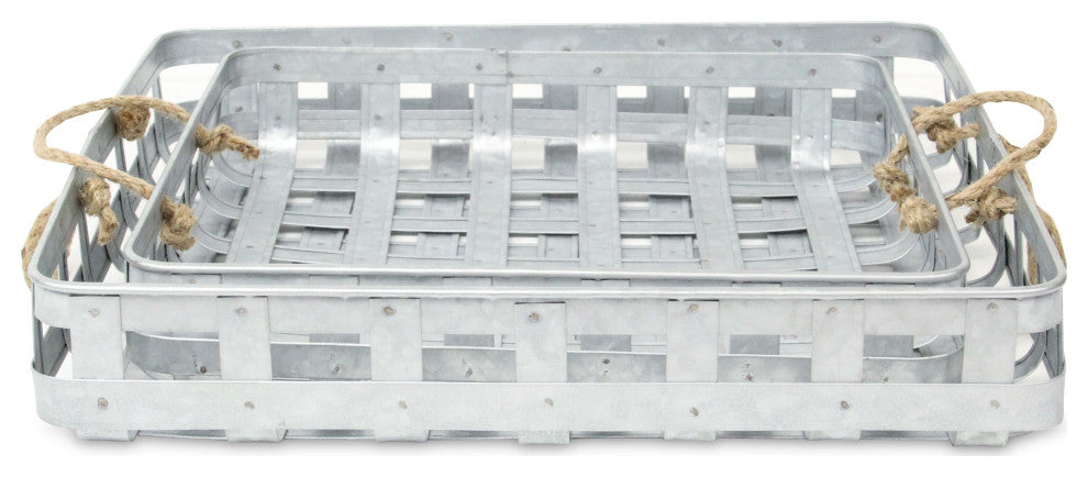Set of 2 Galvanized Metal Tray With Rope Handles