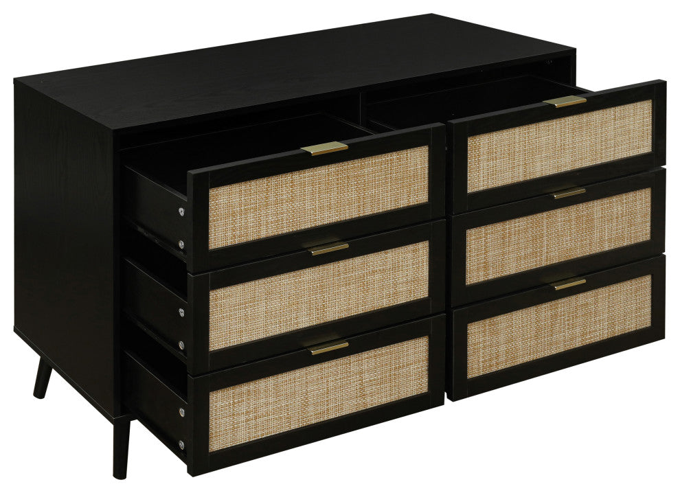 Modern 6 Drawer Dresser Wood Cabinet, Black