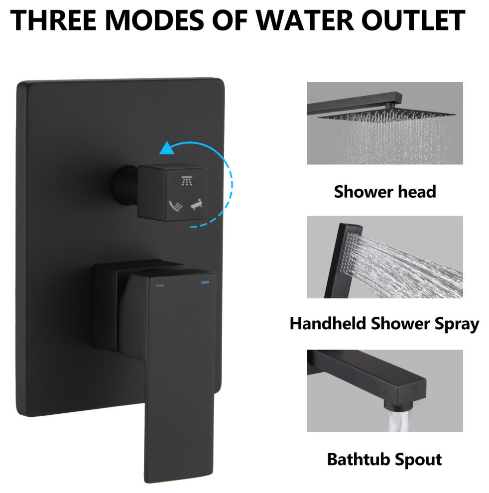 10" Wall Mounted Rainfall Shower System With Tub Spout, Matte Black